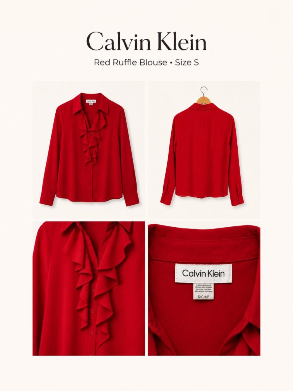 Calvin Klein Red Ruffle Front Button Blouse Size S Long Sleeve Statement Top